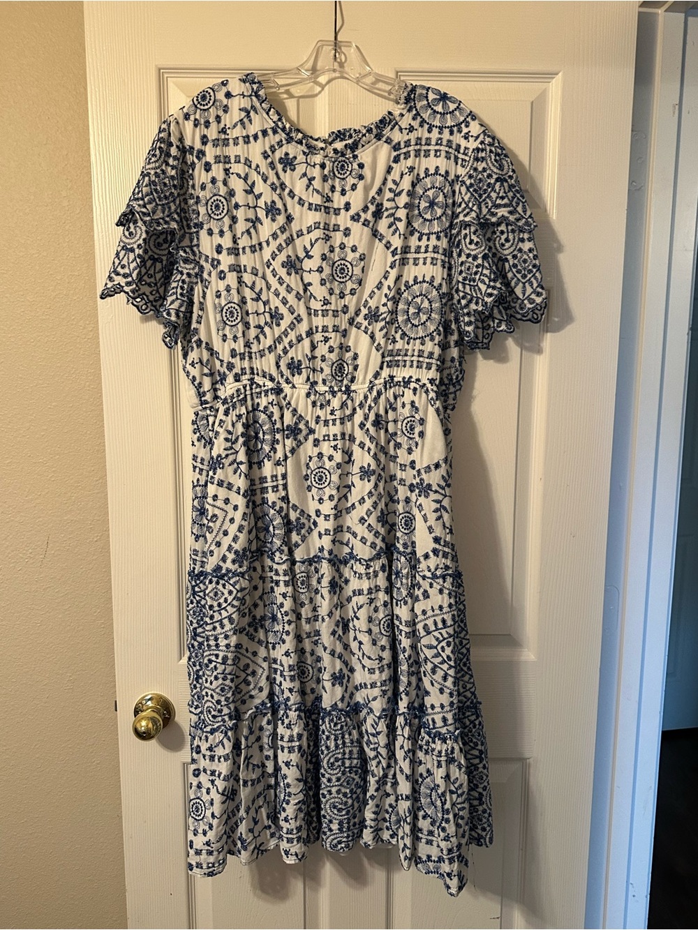 Hayden White and Navy Printed Flutter Sleeve Midi Dress